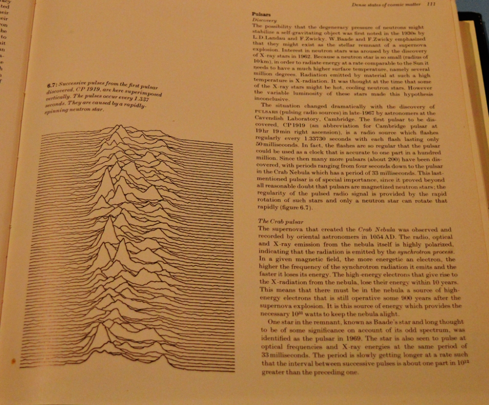 Photograph of page 111 of The Cambridge Encyclopaedia of Astronomy, showing the black pulse diagram beside text about pulsars