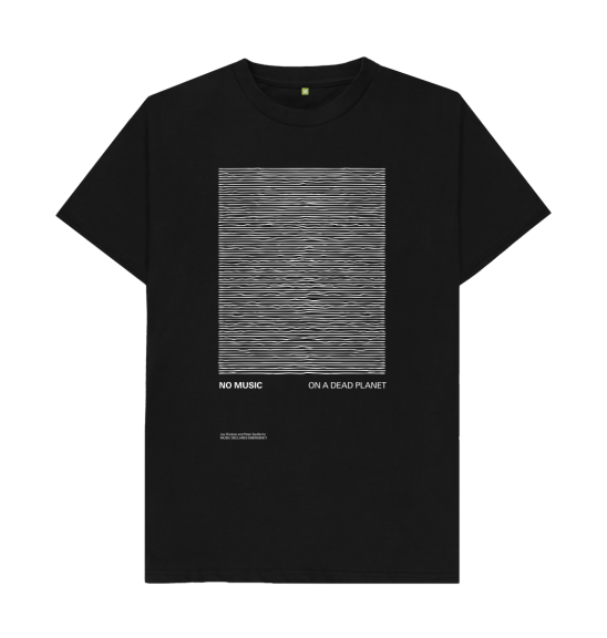A black No Music on a Dead Planet T-shirt with Peter Saville’s flattened pulse-line design
