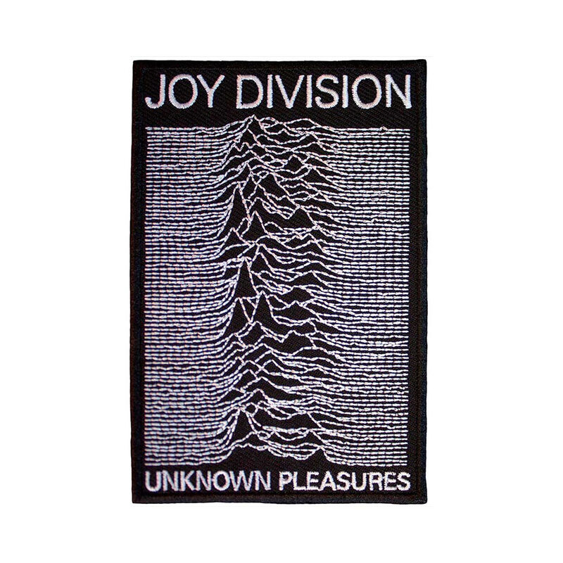 Tall black embroidered patch with white Unknown Pleasures pulses between the band and album names