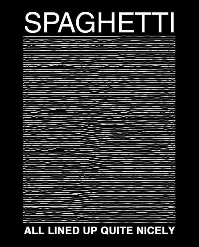SPAGHETTI above almost flat white lines, with ALL LINED UP QUITE NICELY underneath