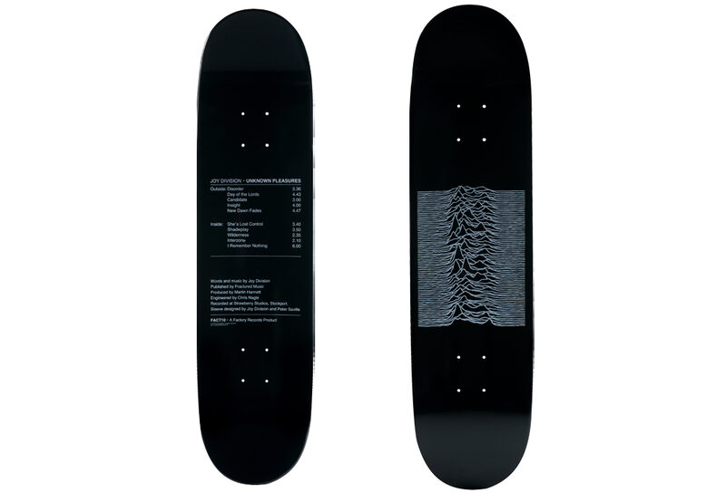 Sync. Unknown Pleasures skateboard deck — reference image from Sync.