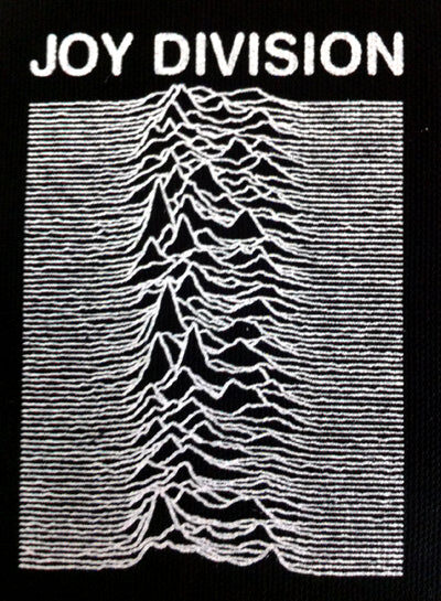 Black rectangular printed patch with JOY DIVISION above the full white Unknown Pleasures pulse chart