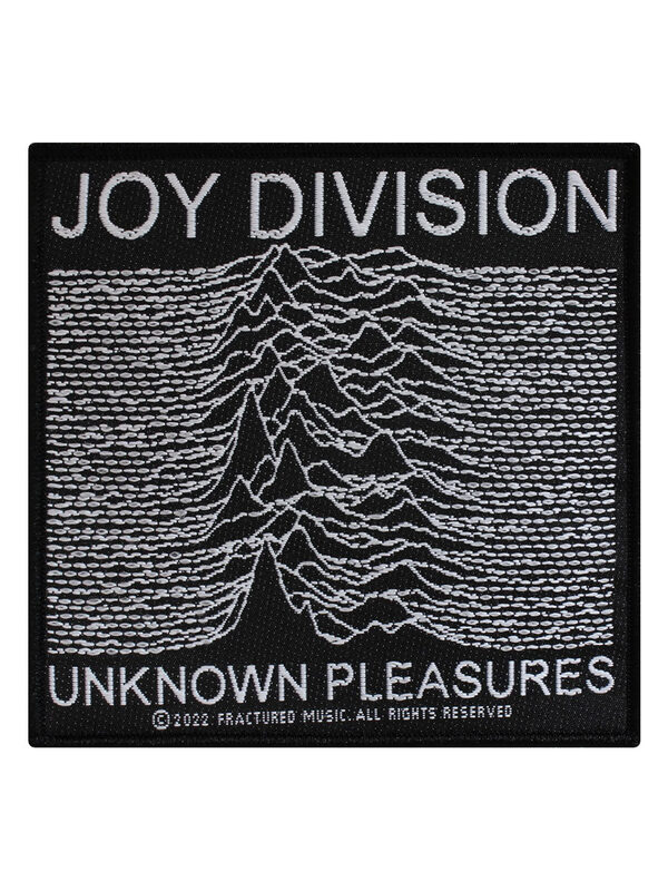 Square black woven patch with the Unknown Pleasures chart, JOY DIVISION above and UNKNOWN PLEASURES below