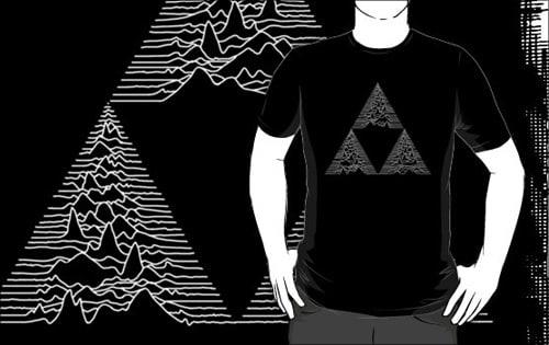 A T-shirt mockup merging three pulse-line triangles into the Triforce symbol from The Legend of Zelda