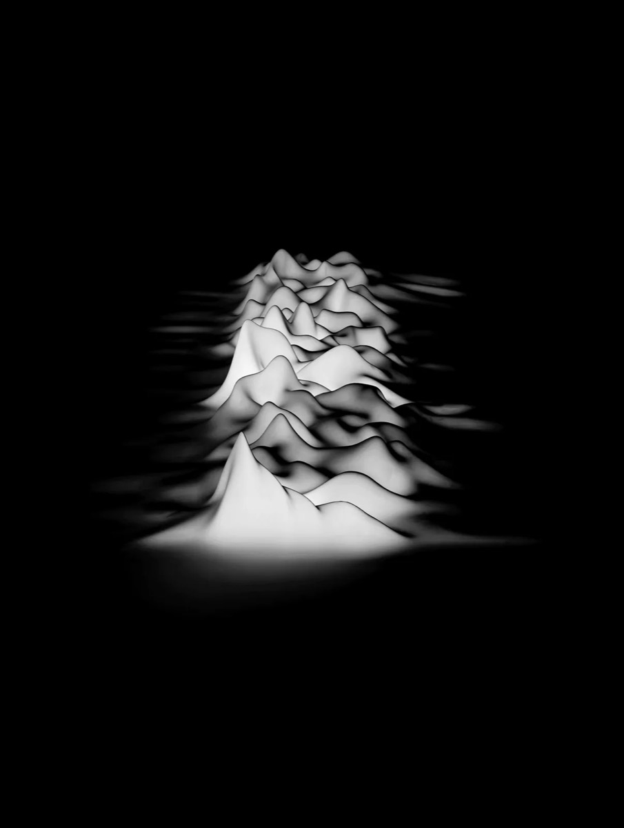 Peter Saville’s 2002 Black print, a softly shaded three-dimensional pulse landscape on a black background