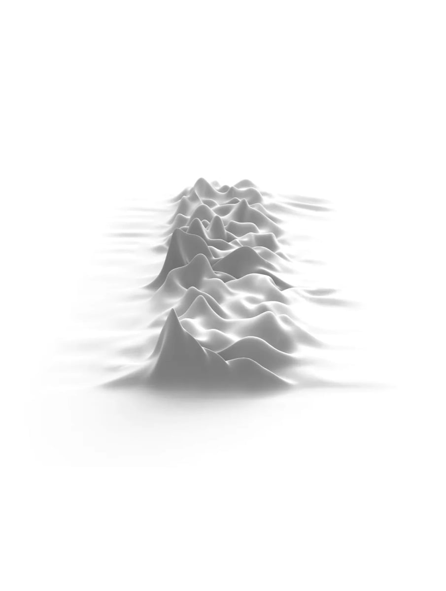 Peter Saville’s 2002 White print with a pale three-dimensional pulse landscape against a white field