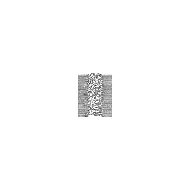 The 2019 Unknown Pleasures album cover with a small black pulse diagram on a white square